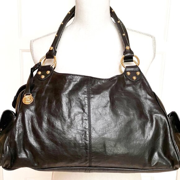 Rough Roses New Genuine Soft Black Leather Large Satchel Bag, Bright Gold Detail - Picture 1 of 11